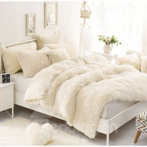 One White Pillow for Free Solid Creamy White Soft 4-Piece Fluffy Bedding Sets/Duvet Cover