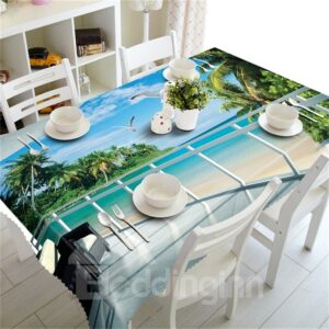 3D Blue sea and White Beach with Flaying Seagulls 3D Outdoors and Home Table Cover