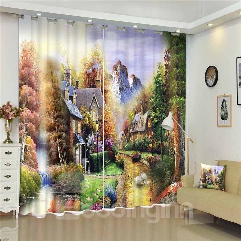 Castles in High Mountains Dreamlike Color Scenery 2 Pieces Bed Room Shading Curtain - Image 7