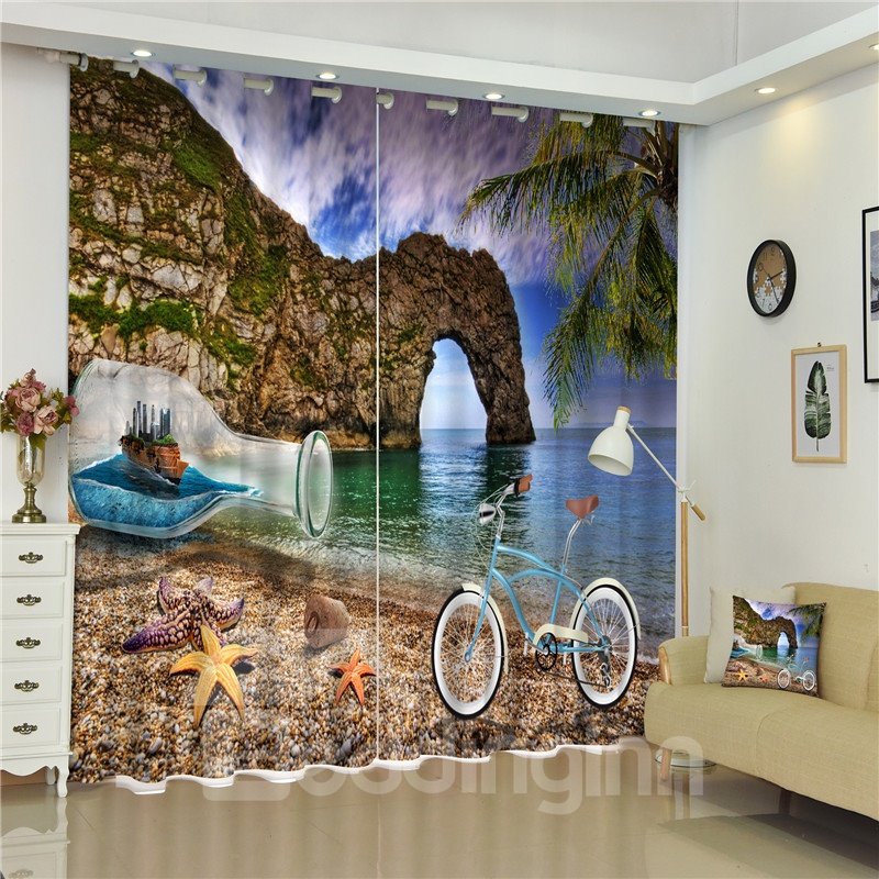 3D Starfishes Bicycle and Drift bottle with White Beach and Elephant Mountain Printed Shading Curtain - Image 7