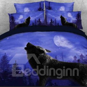 Howling Wolf Printed 3D 4-Piece Animal Print Bedding Sets/Duvet Cover Set Blue