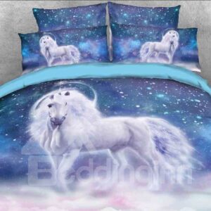 White Unicorn and Galaxy Printed 3D 4-Piece Duvet Cover Set Blue Bedding Set