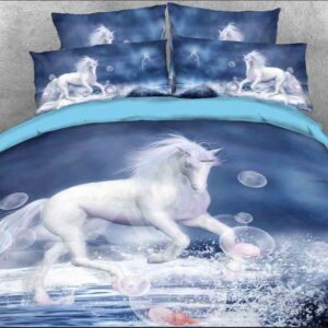 White Unicorn and Bubbles Printed  4-Piece 3D Bedding Sets/Duvet Cover Set Microfiber