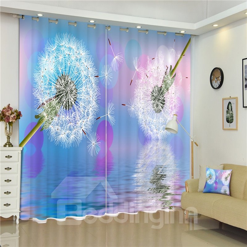 3D White Dandelions and Light Blue Background Printed 2 Panels Curtain - Image 5