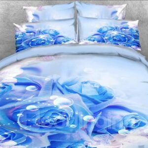 Blue Roses and Bubbles Printed 4-Piece 3D Floral Bedding Set/Duvet Cover Set Microfiber