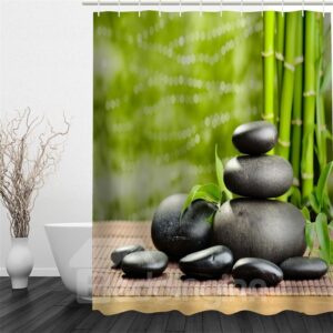 Green Bamboos and Black Stones Polyester Waterproof and Eco-friendly 3D Shower Curtain