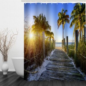 Sunrise and Path beside Sea Polyester Waterproof and Eco-friendly 3D Shower Curtain