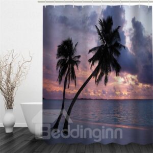 3D Palm on Beach in Sunset Polyester Waterproof and Eco-friendly Shower Curtain