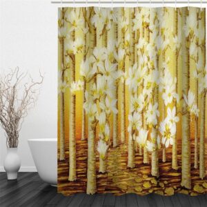 Trees and Flowers Yellow Polyester Waterproof and Eco-friendly 3D Shower Curtain