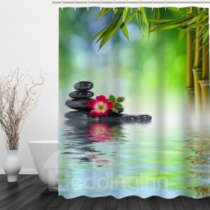 3D Green Bamboos and Stones in Lake Polyester Waterproof and Eco-friendly Shower Curtain
