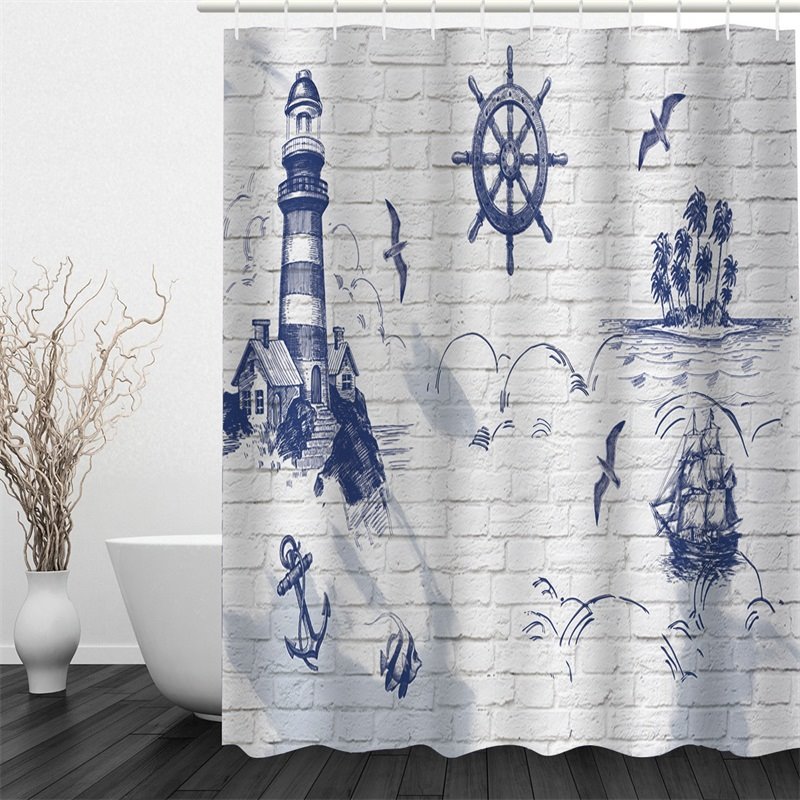 3D White Background with Blue House Pattern Polyester Waterproof and Eco-friendly Shower Curtain - Image 3