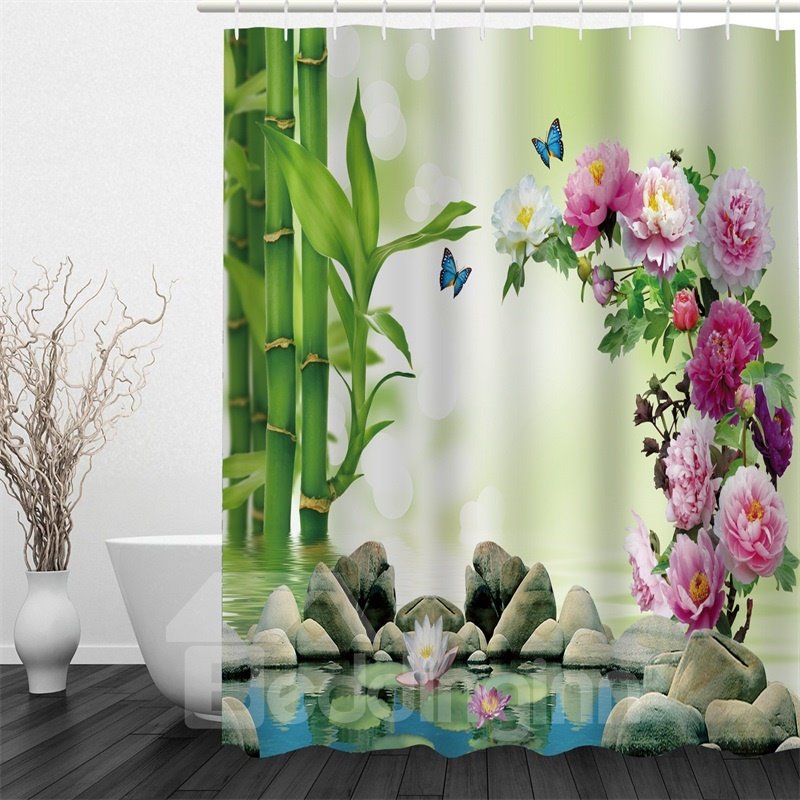3D Peonies Stones and Bamboos beside Lake Polyester Waterproof and Eco-friendly Shower Curtain - Image 3