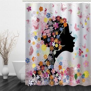 Flowers and Butterflies Surrounding Girl Polyester Waterproof and Eco-friendly 3D White Shower Curtain