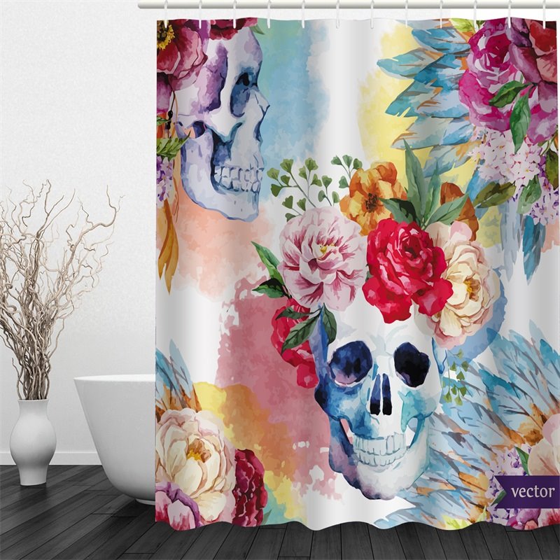 Flowers and Skulls Pattern Polyester Waterproof and Eco-friendly 3D Shower Curtain - Image 2