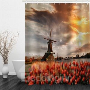 3D Windmill and Flowers Polyester Waterproof and Eco-friendly Shower Curtain