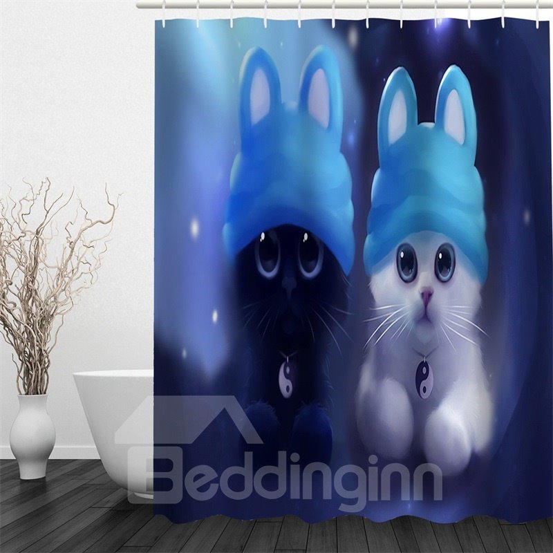 Cats in Blue Hats Polyester Waterproof and Eco-friendly 3D Shower Curtain - Image 2