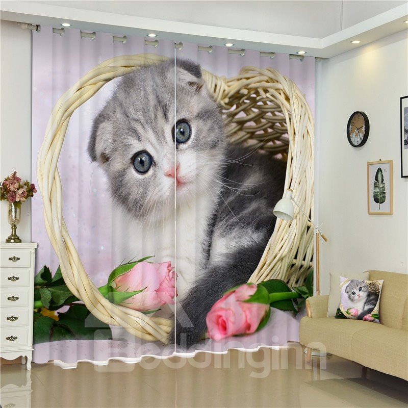 3D Lovely Cat with Pink Rose in Basket Printed 2 Panels Bedroom Custom Window Curtain - Image 6