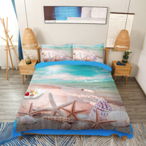 Coastal Bedding Set, Starfish Sea Wave 4-Piece Duvet Cover Set with Flat Sheet 2 Pillowcases, Microfiber