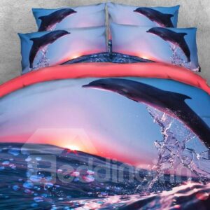 Dolphin Jumping at Sunset Printed 3D 4-Piece Bedding Sets/Duvet Covers Microfiber