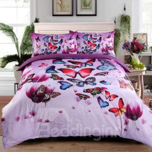 Colorful Butterflies and Purple Flower Printed 3D 4-Piece Bedding Sets/Duvet Covers Skin-friendly All-Season Ultra-soft Microfiber No-fading