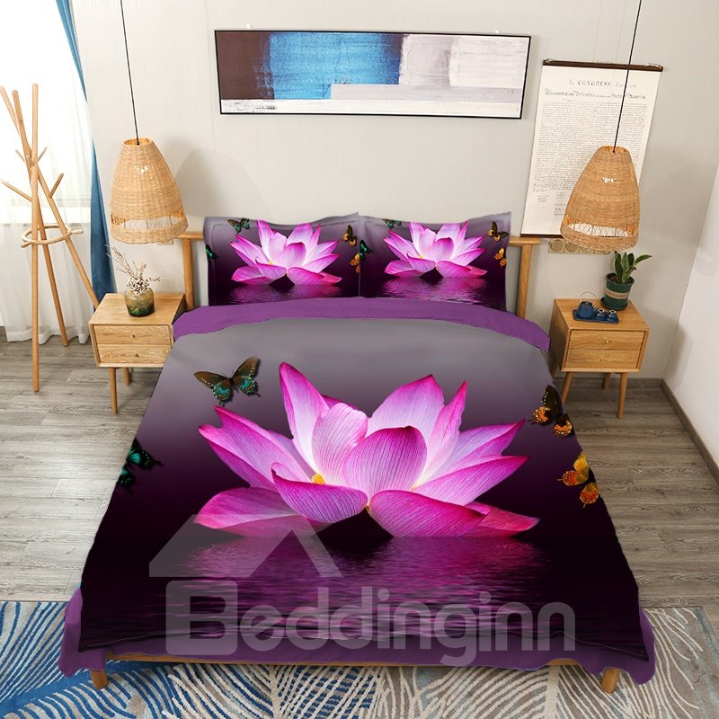 3D Pink Lotus and Butterfly Print 4-Piece Duvet Cover Set Floral Bedding Soft Skin-friendly Microfiber - Image 2