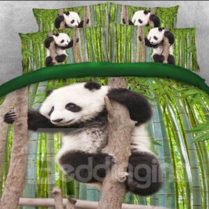 Panda Climbing Tree Printed Polyester 3D 4-Piece Bedding Sets/Duvet Covers
