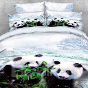 Panda Cub Eating Bamboo Printed Polyester 3D 4-Piece Bedding Sets/Duvet Covers