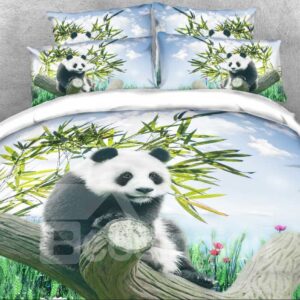 Panda and Bamboo Chinoiserie 4-Piece 3D Bedding Sets with Hidden Zipper Duvet Cover Envelope Pillowcases and White Sheet