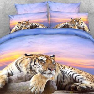 Tiger Crouching on a Rock 3D Animal Print Bedding Set 4-Piece Duvet Cover Set Sunset Scenery