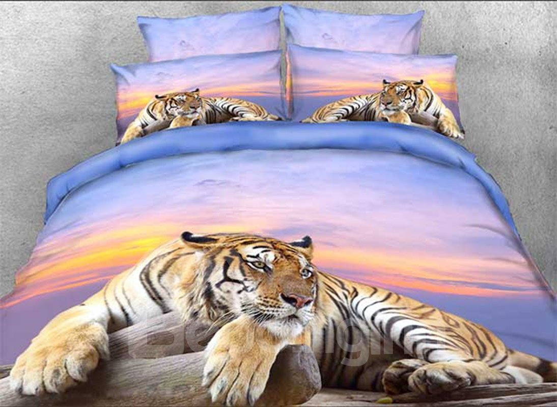 Tiger Crouching on a Rock 3D Animal Print Bedding Set 4-Piece Duvet Cover Set Sunset Scenery - Image 2