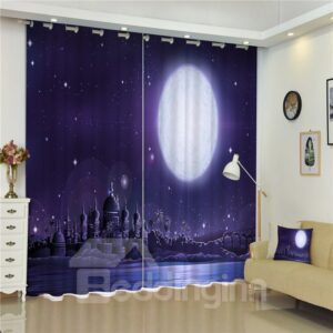 Grand Castles under Bright Moonlight Purple Night Scenery 2 Panels Custom Curtain