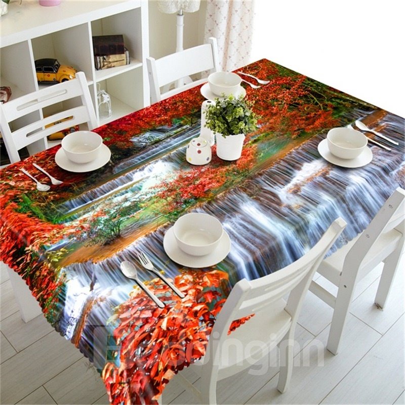 3D Red Leaves and Flowing Waterfalls Printed Home and Hotel Table Cloth - Image 5