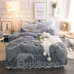 Luxury Plush Shaggy Duvet Cover Set Winter Soft Warm Gray Thick Mink Wool Bed Skirt 4Pcs Fluffy Bedding Sets Solid Zipper Closure
