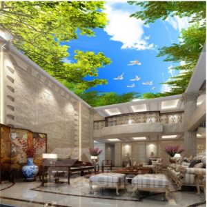 3D Green Trees and Doves in Blue Sky Waterproof Durable Eco-friendly Ceiling Murals