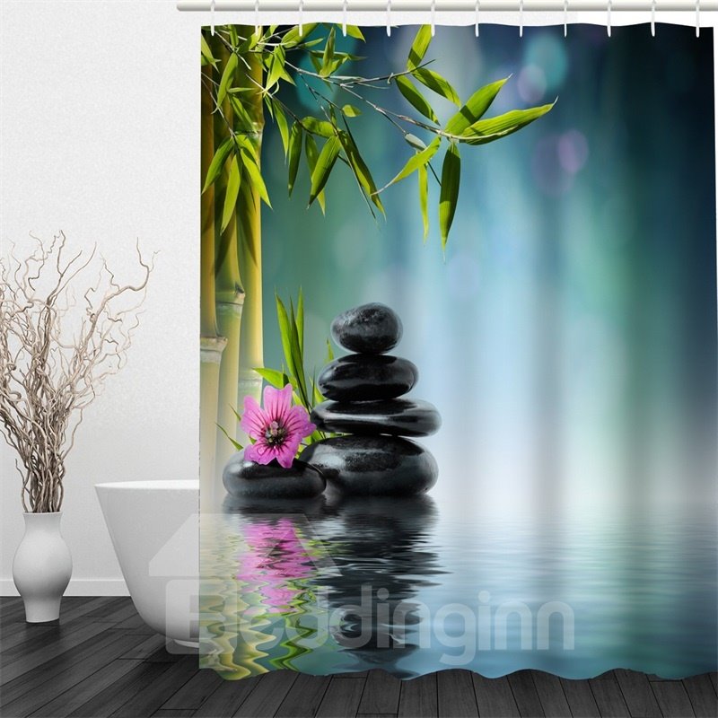 3D Bamboos and Stones Polyester Waterproof and Eco-friendly Shower Curtain - Image 3