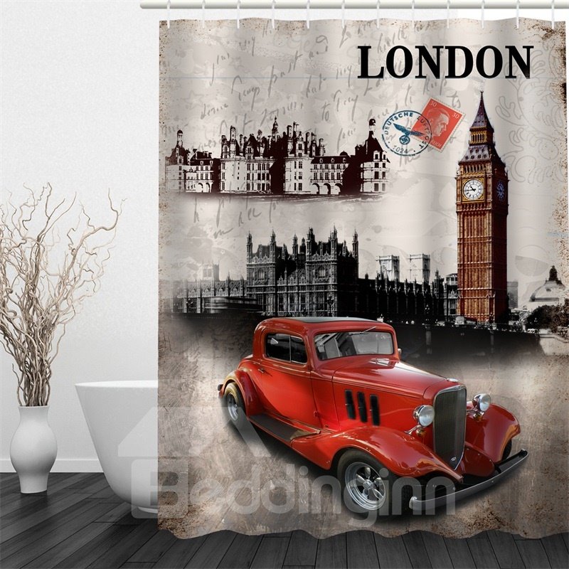 Red Car and Architectures in London 3D Polyester Waterproof and Eco-friendly Shower Curtain - Image 2