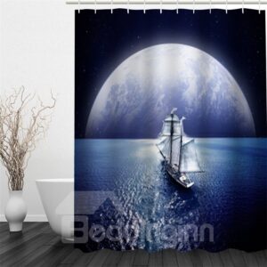 3D Yacht Sailing in Sea and Planet Polyester Waterproof Antibacterial Eco-friendly Shower Curtain