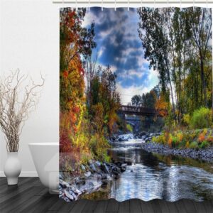 3D Trees and Stream under Blue Sky Polyester Waterproof Antibacterial Eco-friendly Shower Curtain