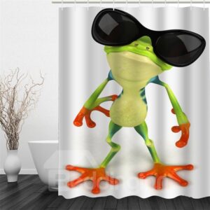 3D Frog with Sunglasses Pattern Polyester Waterproof Antibacterial and Eco-friendly White Shower Curtain