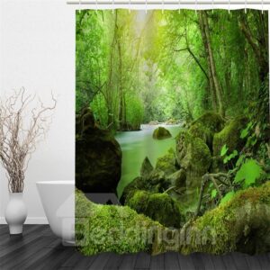 3D Green Forest and Stream Printed Polyester Waterproof Antibacterial and Eco-friendly Shower Curtain
