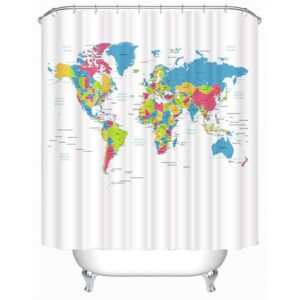3D White Background with World Map Polyester Waterproof Antibacterial and Eco-friendly Shower Curtain
