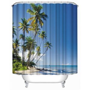 3D Beach in Blue Sky Printed Polyester Waterproof Antibacterial and Eco-friendly Shower Curtain