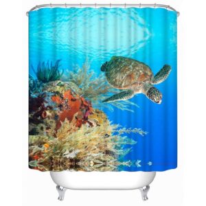 3D Turtle and Plants in Sea Polyester Waterproof Antibacterial and Eco-friendly Shower Curtain