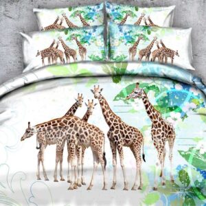 Giraffe and Green Leaves Printed Polyester 4-Piece 3D Bedding Sets/Duvet Covers
