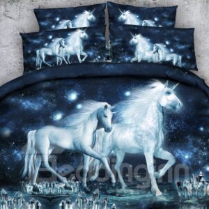 Unicorn and Crystal Printed Polyester 4-Piece 3D Galaxy Bedding Sets/Duvet Covers