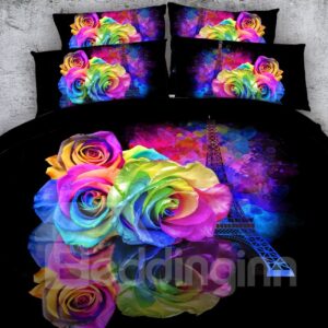 Eiffel Tower and Roses Printed Polyester 3D 4-Piece Black Bedding Sets/Duvet Covers