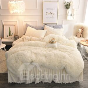 Luxury Plush Shaggy Duvet Cover Set Winter Soft Warm Beige Thick Mink Wool Bed Skirt 4Pcs Fluffy Bedding Sets Solid Zipper Closure