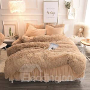 Luxury Plush Shaggy Duvet Cover Set Winter Sof Warm Pink Thick Mink Wool Bed Skirt 4Pcs Fluffy Bedding Sets Solid Zipper Closure Camel
