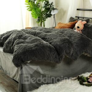 Full Size Solid Grey Super Soft Plush 4-Piece Fluffy Bedding Sets/Duvet Cover