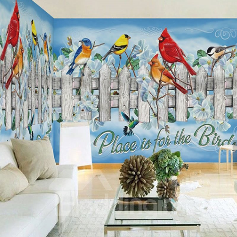 3D Birds on Wooden Railings PVC Sturdy Waterproof and Eco-friendly Wall Mural - Image 4